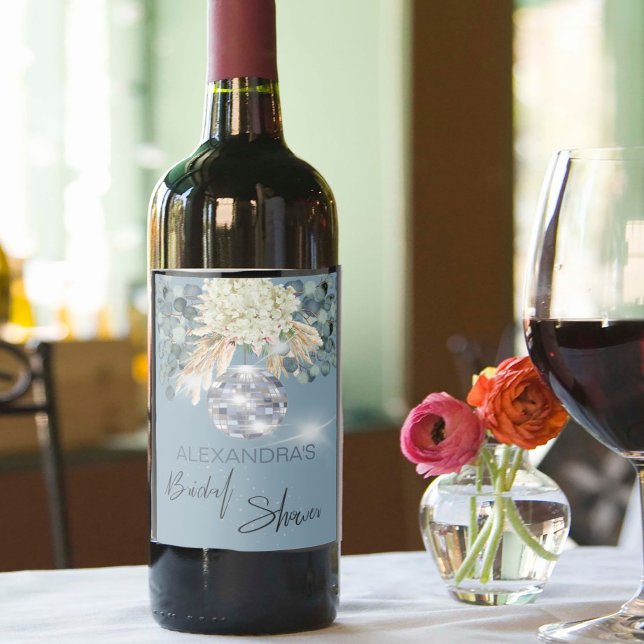 Blommigt Dusty Blue Disco Möhippa Vin-etikett Vinflaska Etikett (Skapare uppladdad)