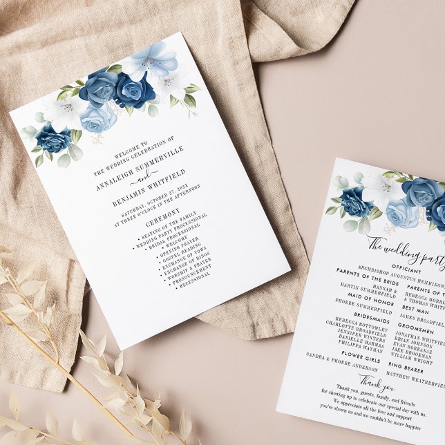 Blommigt Dusty Blue Eucalyptus Bröllopsprogram (Dusty Blue Floral Script Wedding Program)