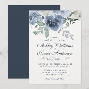 Blommigt Dusty Blue Ivory Ro Mörk blått Bröllop Inbjudningar
