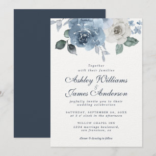 Blommigt Dusty Blue Ivory Ro Mörk blått Bröllop Inbjudningar