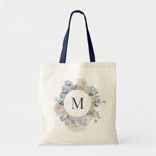 Blommigt Dusty Blue Monogram Botanisk Personlig Tygkasse (Framsidan)