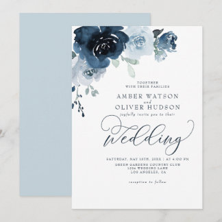 Blommigt Dusty Blue Mörk Navy Blue Boho Bröllop Inbjudningar