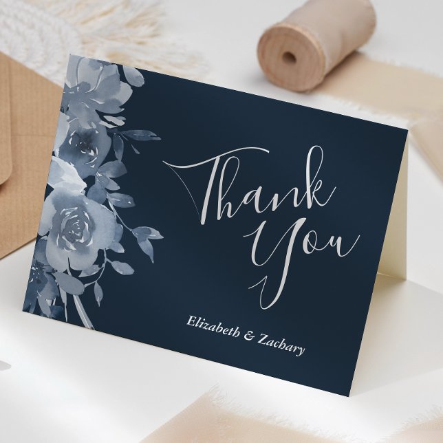 Blommigt Dusty Blue Navy Bröllop Tack Kort (Skapare uppladdad)