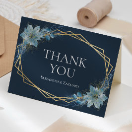 Blommigt Dusty Blue Navy Guld Winter Wedding Tack Kort