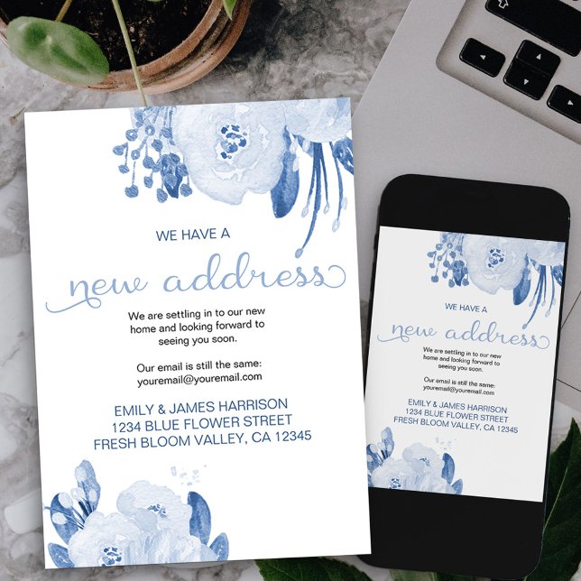 Blommigt Dusty Blue Ny adress Flytta Meddelande (dusty blue floral new address card available printed or as printable digital download)