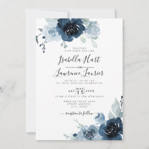 Blommigt Dusty Blue Pastel Navy Slate Bröllop Inbjudningar