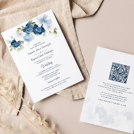 Blommigt Dusty Blue QR-kod allt i ett Bröllop Inbjudningar
