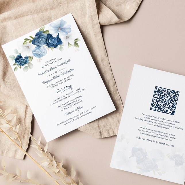 Blommigt Dusty Blue QR-kod allt i ett Bröllop Inbjudningar (Dusty Blue Floral Wedding Invitation and Details All-in-One Card)