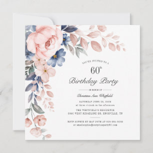 Blommigt Dusty Blue Rosa 60:e Födelsedagsfesten Inbjudningar