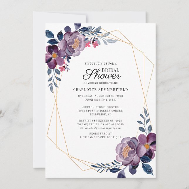Blommigt Dusty Blue Script Geometric Möhippa Inbjudningar (Framsida)