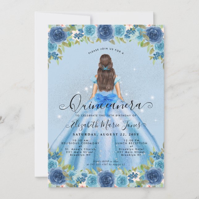 Blommigt Dusty Blue Silver Glam Princess Quinceane Inbjudningar (Framsida)