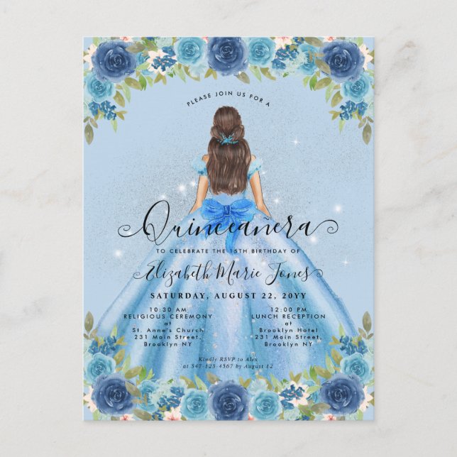 Blommigt Dusty Blue Silver Glam Princess Quinceane Vykort (Framsida)