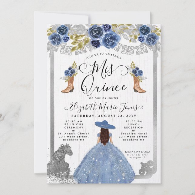 Blommigt Dusty Blue Silver Horse Charra Quinceaner Inbjudningar (Framsida)