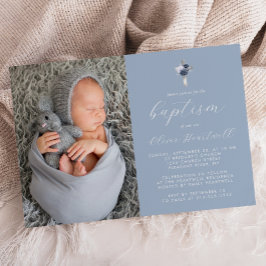 Blommigt Dusty Blue Silver Kor Photo Boys Baptism Inbjudningar