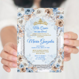Blommigt Dusty Blue Spain Sweet 15:e födelsedagen Inbjudningar