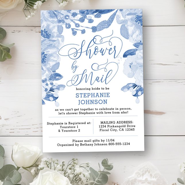 Blommigt Dusty Blue Virtuell Möhippa efter post Inbjudningar (Long Distance Invitation from my Dusty Blue Watercolor Floral Bridal Shower)