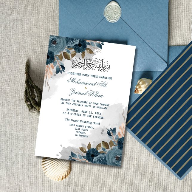 Blommigt Dusty Blue Walima Islamic Bröllop Inbjudningar (Skapare uppladdad)