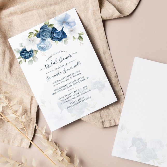 Blommigt Dusty Blue Watercolor Flowers Möhippa Inbjudningar (Floral Dusty Blue Bloom Script Bridal Shower Invitation)