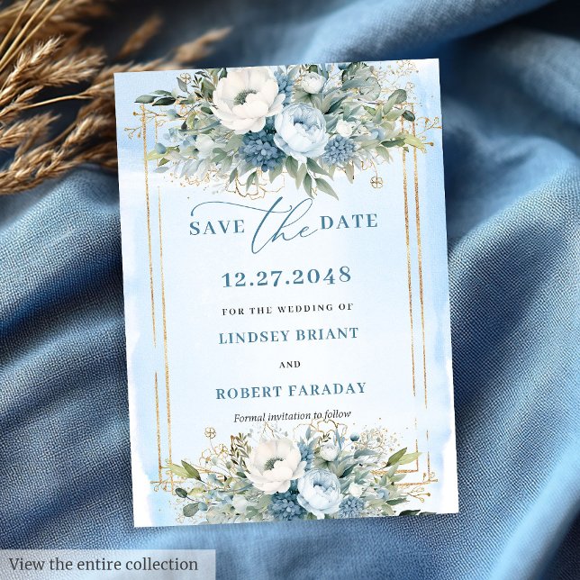 Blommigt Dusty Blue White Guld Flowers Spara datum Inbjudningar (Floral Dusty Blue White Gold Flowers Save The Date)