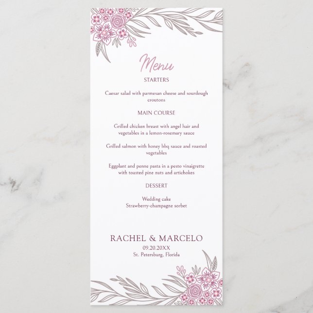 Blommigt Dusty Ro  Burgundy Bröllop Menu Meny (Framsida)