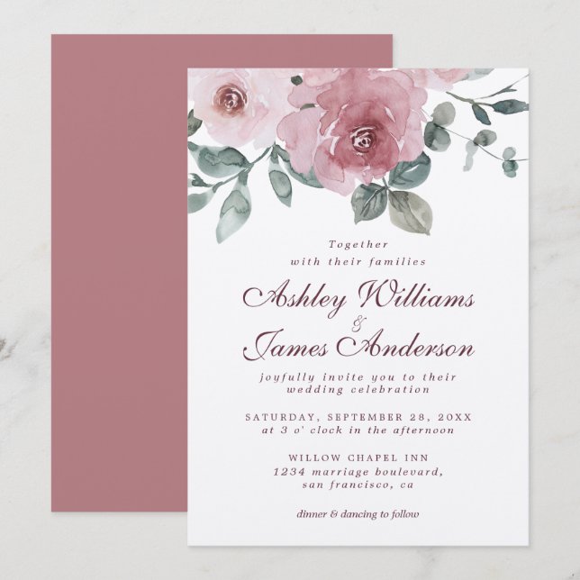 Blommigt Dusty Ro Burgundy bröllopsinbjudan Inbjudningar (Fram/baksida)