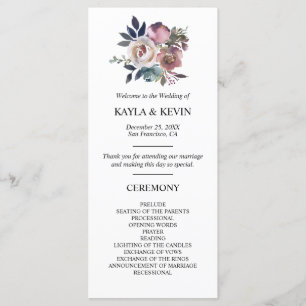 Blommigt Dusty Ro Mauve Navy Blue Bröllop Ceremony Program