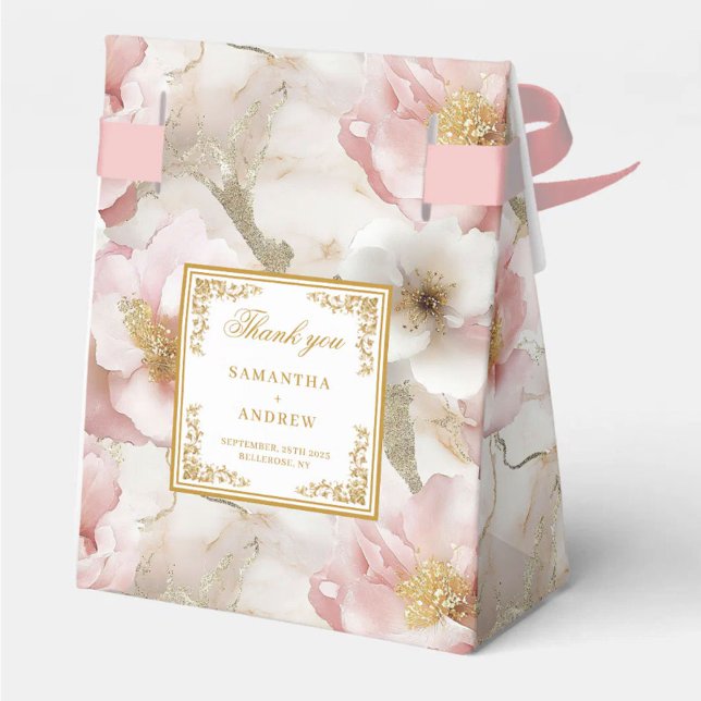 Blommigt Dusty Rosa Ivory Guld Wedor Favor Box Presentaskar (Floral Dusty Pink Ivory Gold Wedding Favor Box)