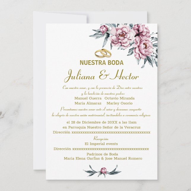 BLOMMIGT DUSTY ROSA NUESTRA BODA INBJUDNINGAR (Framsida)