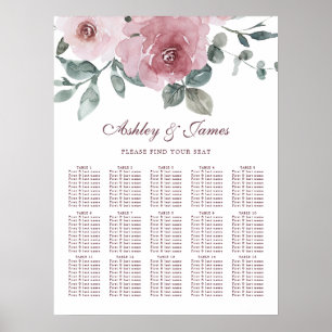 Blommigt Dusty Rosa ros Bröllop-sätesdiagram Poster