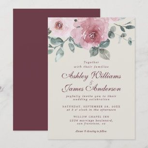 Blommigt Dusty Rosa ros Burgundy bröllopsinbjudan Inbjudningar