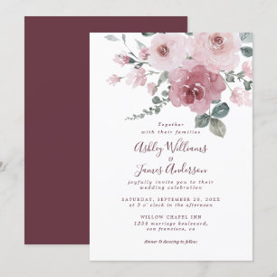 Blommigt Dusty Rosa ros Burgundy bröllopsinbjudan Inbjudningar