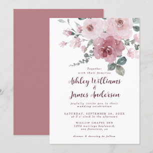 Blommigt Dusty Rosa ros Burgundy bröllopsinbjudan Inbjudningar
