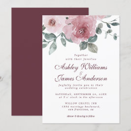 Blommigt Dusty Rosa ros Burgundy bröllopsinbjudan Inbjudningar
