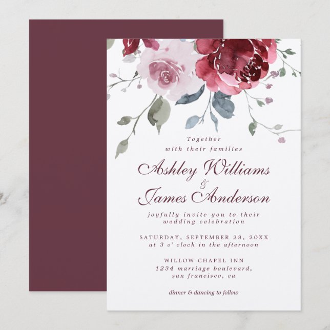 Blommigt Dusty Rosa ros Burgundy bröllopsinbjudan Inbjudningar (Fram/baksida)