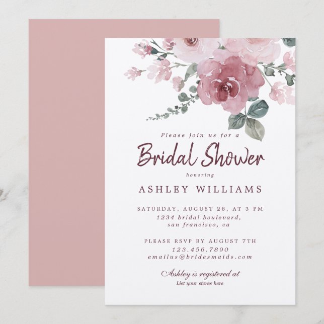 Blommigt Dusty Rosa ros Burgundy Möhippa Inbjudningar (Fram/baksida)