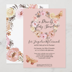 Blommigt Dusty Rosa Wand Butterfly Drive by Shower Inbjudningar