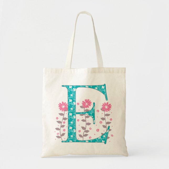 Blommigt 'E' Monogram Tote Bag Tygkasse (Framsidan)