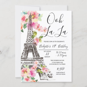 Blommigt Eiffel Torn födelsedagsinbjudan Inbjudningar