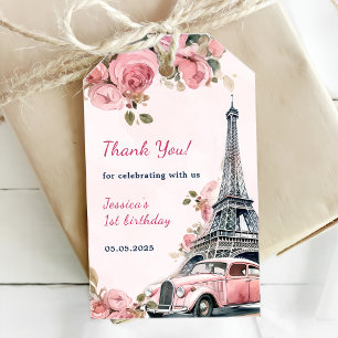 Blommigt Eiffel Torn Paris 1:a födelsedag Party Presentetikett