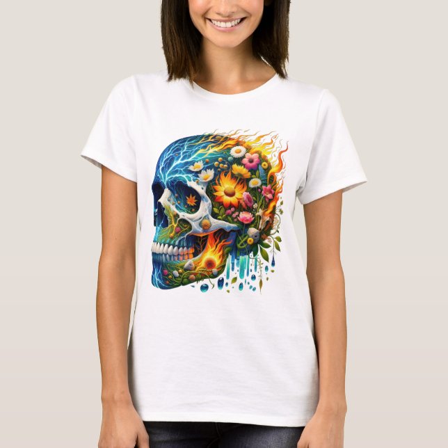 Blommigt Electric Inferno Skull T Shirt (Framsida)