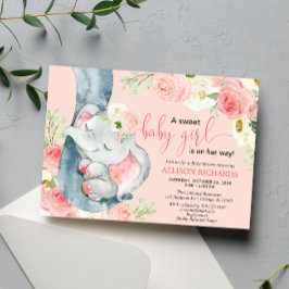 Blommigt elefant (flicka) rosa kräm inbjudningar