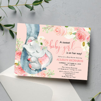 Blommigt elefant (flicka) rosa kräm inbjudningar