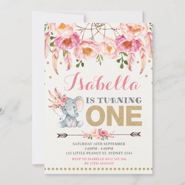 Blommigt Elefantinbjudan Rosa Guld Boho Birthday Inbjudningar (Framsida)