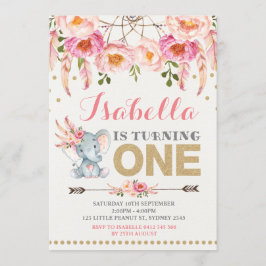 Blommigt Elefantinbjudan Rosa Guld Boho Birthday Inbjudningar