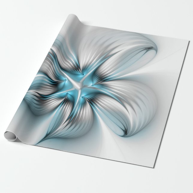 Blommigt Elegance Modern Abstrakt Blue Fractal Art Presentpapper (Utrullad)