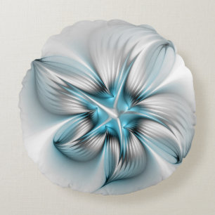 Blommigt Elegance Modern Abstrakt Blue Fractal Art Rund Kudde
