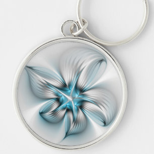 Blommigt Elegance Modern Abstrakt Blue Fractal Art Rund Silverfärgad Nyckelring