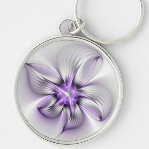 Blommigt Elegance Modern Abstrakt Violet Fractal A Rund Silverfärgad Nyckelring