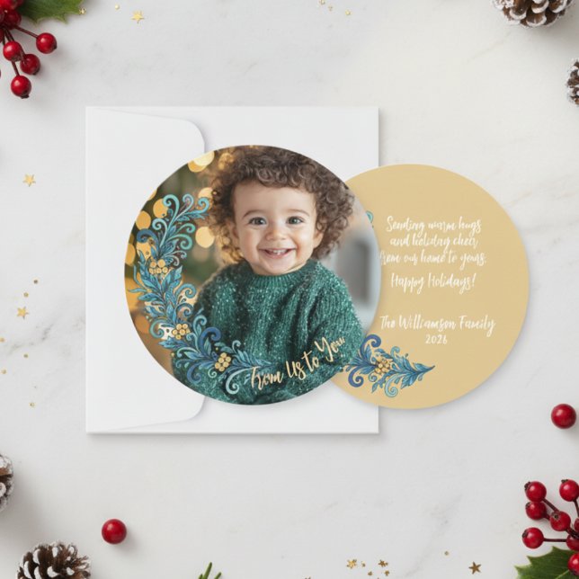 Blommigt Elegance Photo jul Julkort (Round Photo Christmas card)