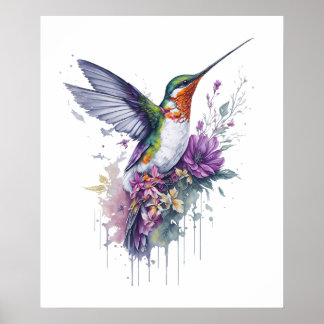 Blommigt Elegance - Watercolor Hummingbird Poster